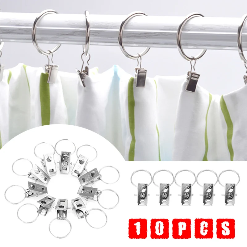 10Pcs Curtain Clips Hook Window Shower Curtain Clips Rings Silver Metal Drapery Clips Rings