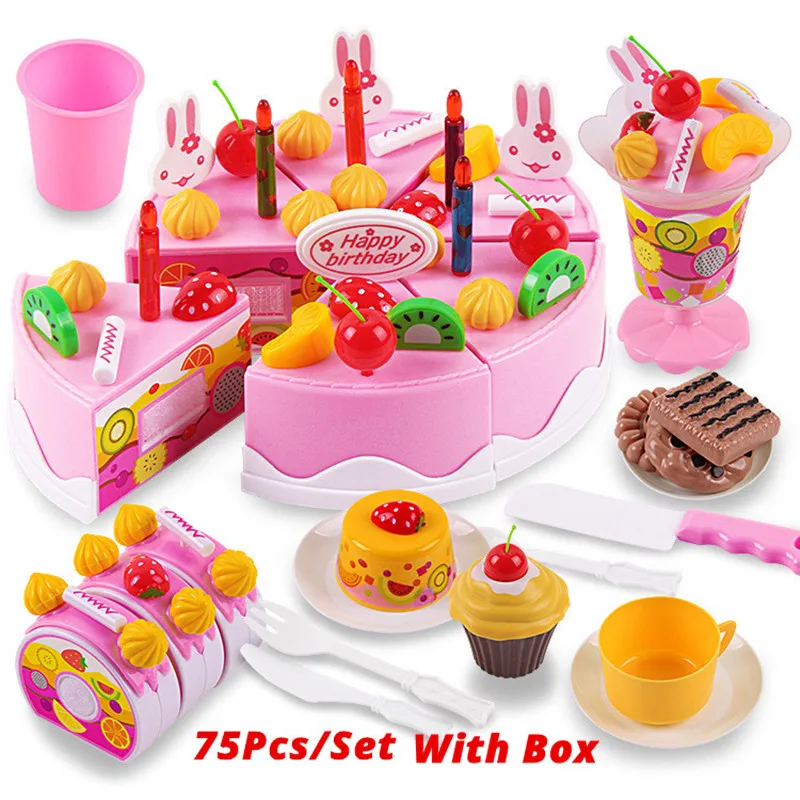 

75Pcs/Set DIY Pretend Play Fruit Cutting Birthday Cake Kitchen Food Toys with Box Cocina De Juguete Toy Girls Gift for Children