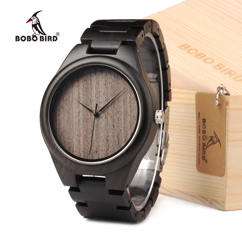 BOBO BIRD Mens Watches All Black Wooden Wristwatches with Wooden Band Watches for Men as Gift