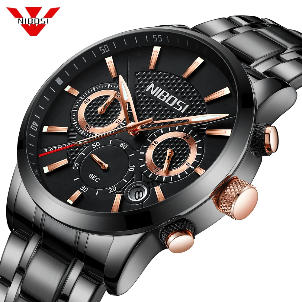 NIBOSI Watches Men Stainless Quartz Wristwatch Military Chronograph Clock Male Fashion Sport Watch