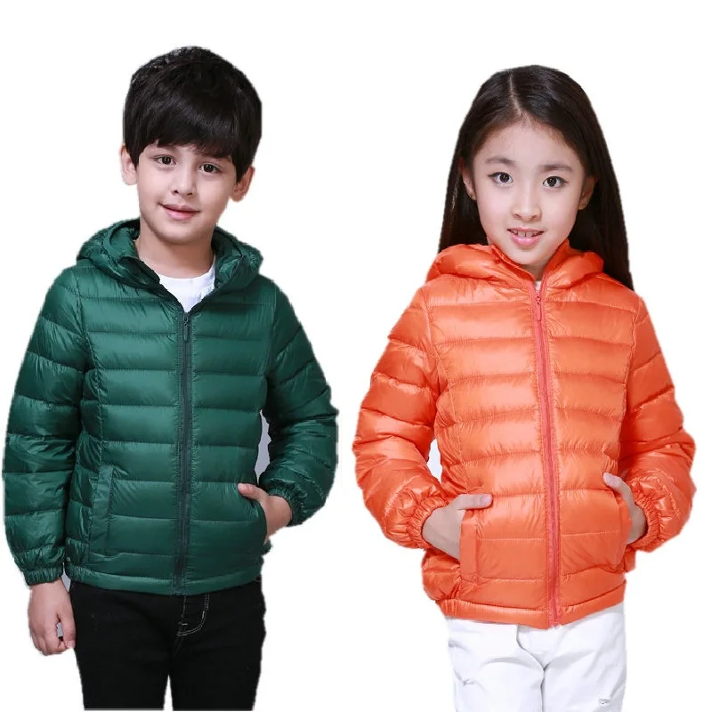 Весенне-осенняя брендовая куртка-пуховик 90% для мальчиков и девочек теплое пальто-пуховик с капюшоном для детей, детские парки От 3 до 10 лет, KF035