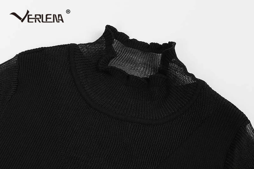 Женская блузка с перьями Verlena черная длинными расклешенными рукавами и кружевным