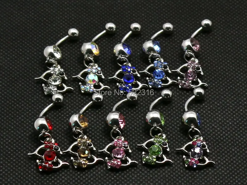 

dolphin play with ball dangle belly ring 10pcs mix color surgical steel 14g bell button ring body piercing jewelry navel bar