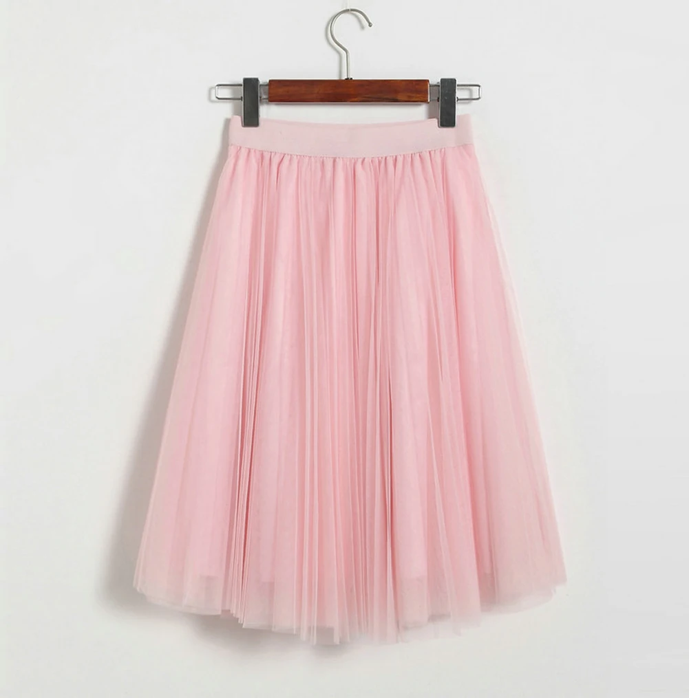 Для женщин тюль сетка 62 см юбка Эластичная Высокая талия кружева плиссированные Твердые - Цвет: Розовый