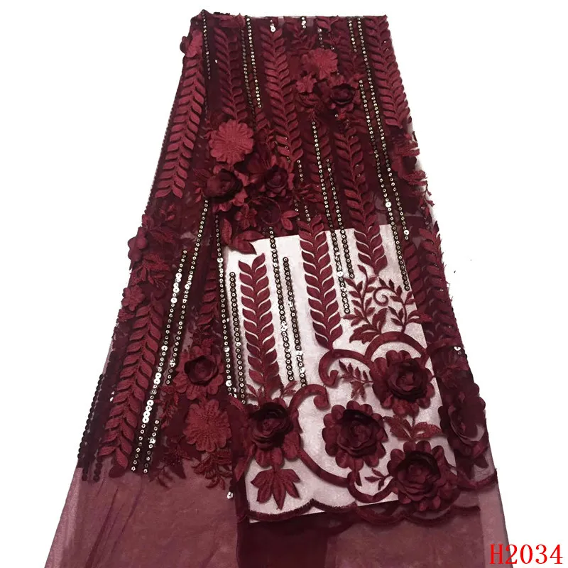 

Wine African Lace Fabrics High Quality 3d French Embroidery Flowers Tulle Lace Beaded Mesh Lace Fabric for Party HX2034