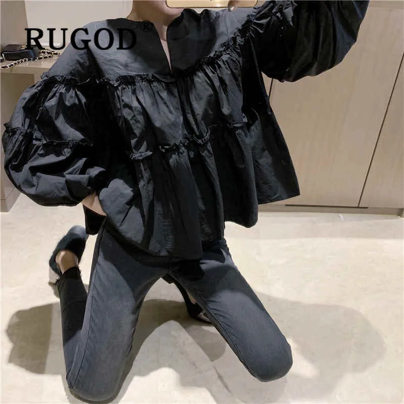 RUGOD, летняя женская однотонная черная блуза с длинным рукавом, свободный стиль, корейский стиль, повседневная женская блузка - Цвет: Черный