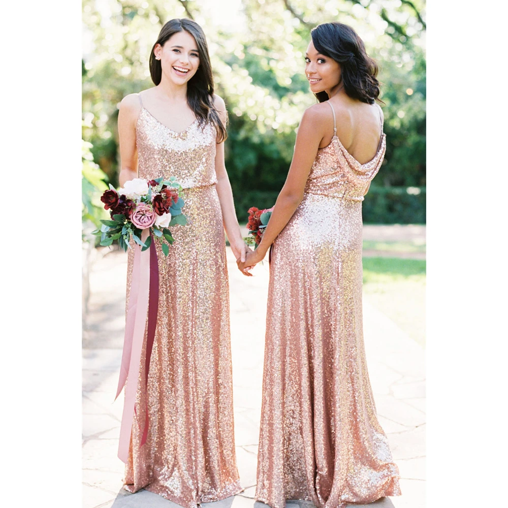 champagne sequin bridesmaid dresses long