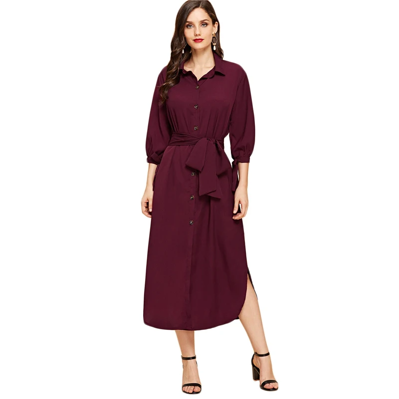 Sheinside, элегантное Бордовое платье-рубашка с поясом, для женщин,, весна, повседневное, половина рукава, на шнуровке, макси платья, однотонное, прямое платье