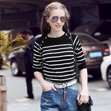 Quality Women Pullover Sweater Spring Autumn Half Sleeve Pullovers Button Decoration Striped Knitted Sweaters Female Tops D313 Quality Women Pullover Sweater Spring Autumn Half Sleeve Pullovers Button Decoration Striped Knitted Sweaters Female Tops D313