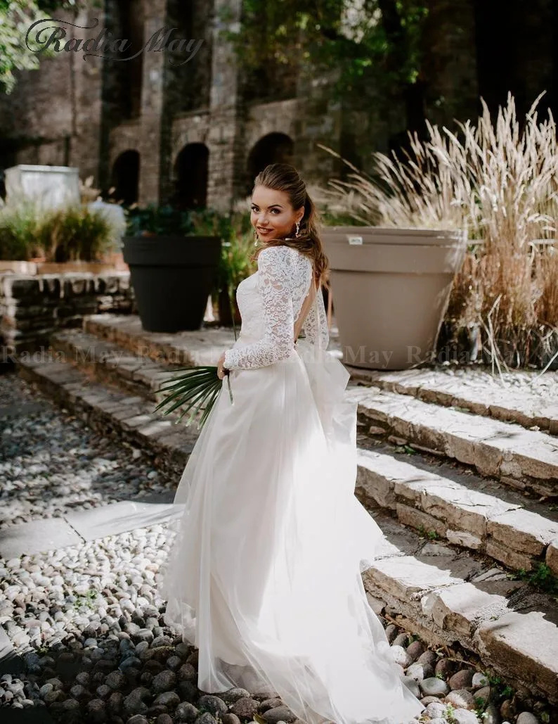 Ofertaespecial Country Espalda Descubierta De Manga Larga De Encaje Vestido De Novia 2020 Vintage Beis Claro Tul Vestidos De Novia Bohemia Playa A Line Vestidos De Novia September 2020