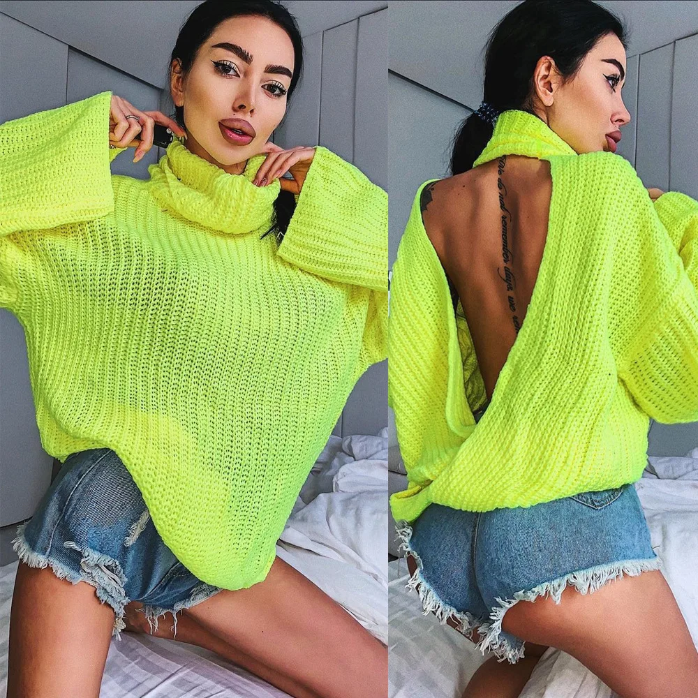 

BKLD Fashion New 2024 Autumn Women Knitted Turtleneck Sweater Sexy Backless Long Sleeve Neon Yellow Grey Sweater Pullovers Women