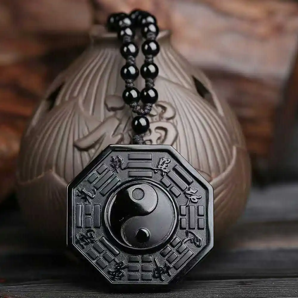 100% натуральный черный обсидиана резной китайский амулет BaGua кулон + ожерелье