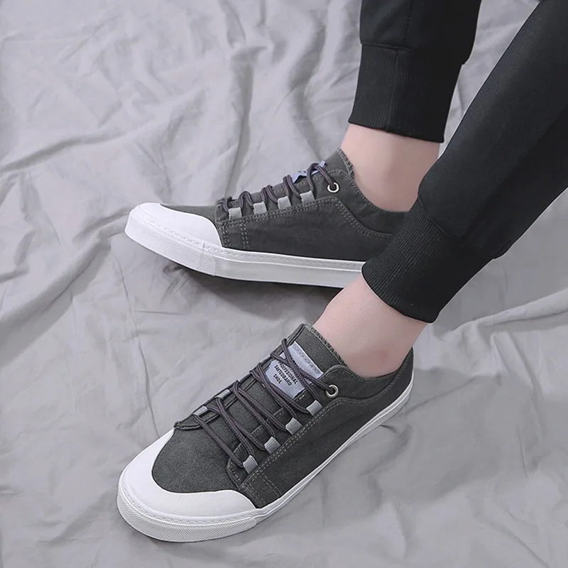

Fashion Leisure Men Canvas Shoes Solid Sewing Lace-up Flat Vulcanize Shoes Spring Autumm Casual Breathable Boys Sneakers