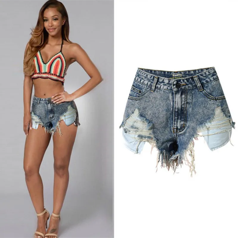 Women's Jeans New Fashion Slim High Waist Grinds Irregular Leaks Pockets Tassel Snowflakes Retro Denim Shorts
