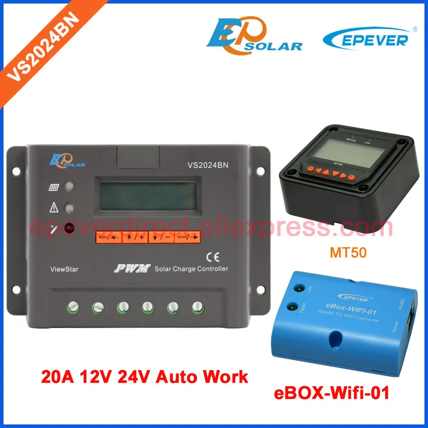 

20A 24V VS2024BN Solar Portable regulator eBOX-Wifi-01 PWM EPEVER controller 20amps 12V 24V MT50 Meter for user setting