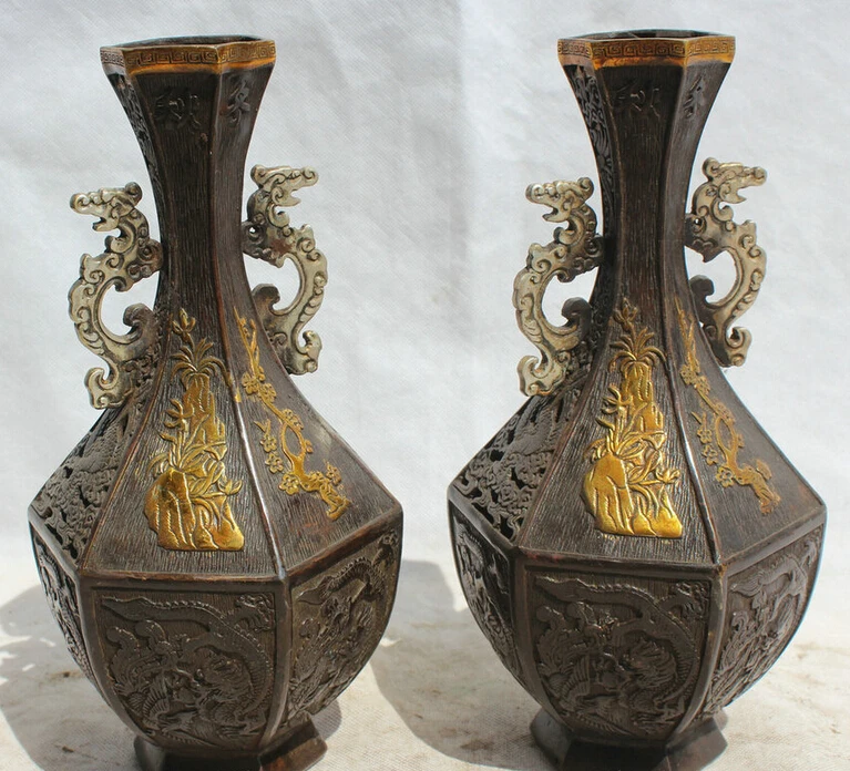 

Elegant old S1990 11 Marked Chinese Dynasty palace Bronze Gild dragon flower Bottle Vase Pair statue