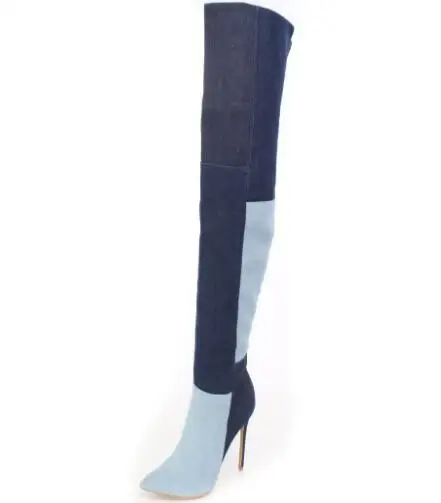 

Woman spring and fall denim over-the-knee long boots Ladies mixed colors pointed toe thin high heel thigh boots SIZE 35-43