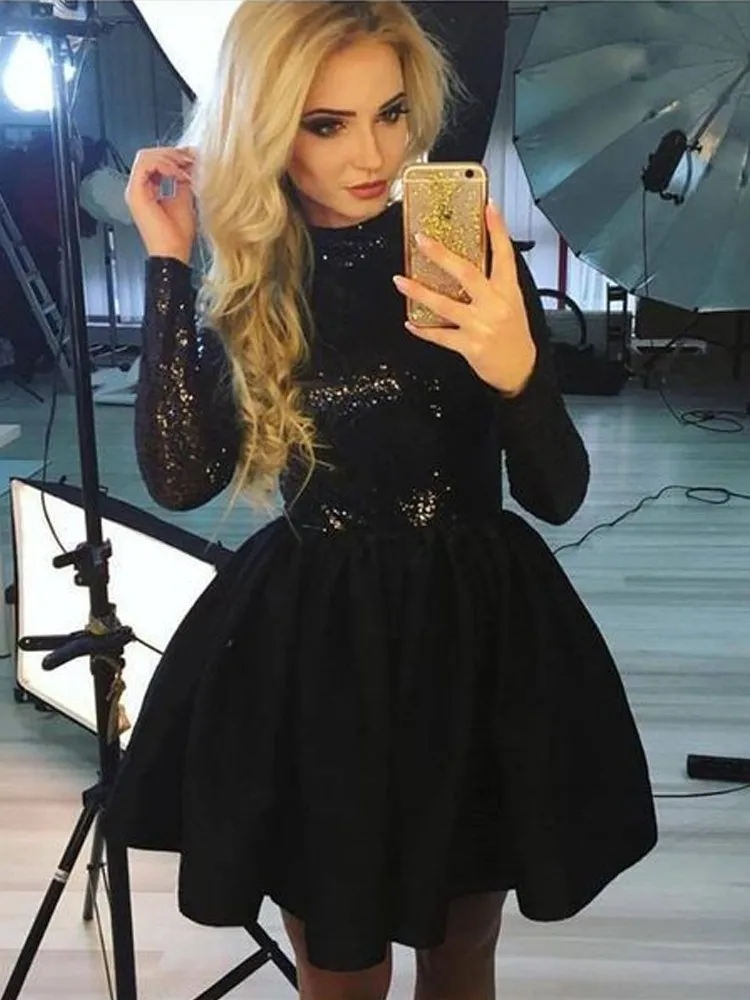 Cute A Line High Neck Long Sleeves Sequins Short Party Prom Dress Homecoming Dresses Little Black Dresses