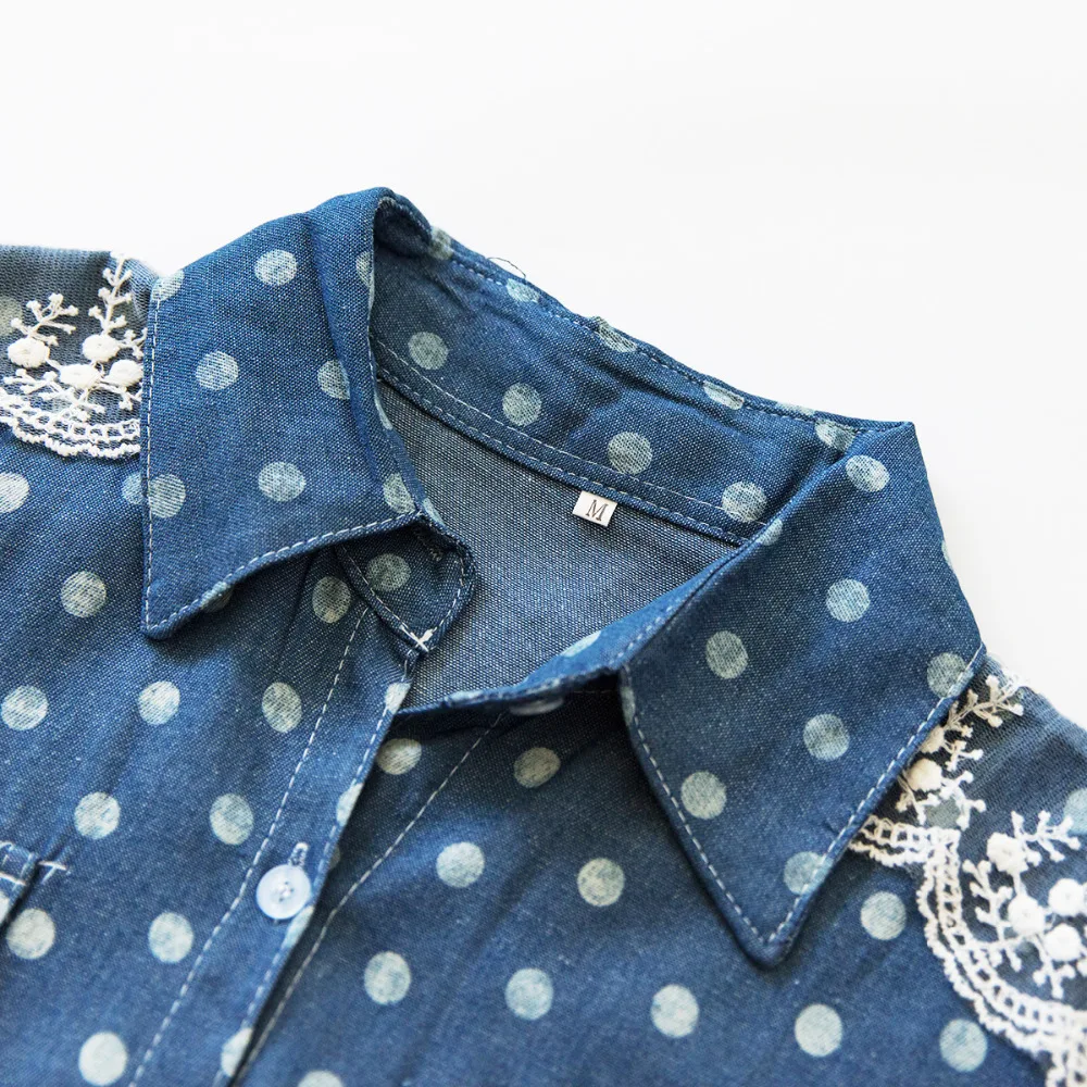 Blusas femininas горячая распродажа Женские джинсовые блузки ретро в горошек кружевные