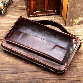 

Genuine Leather man clutch bag money bag retro leather men card holder wallet business zipper wallet coin purse mobile phone bag