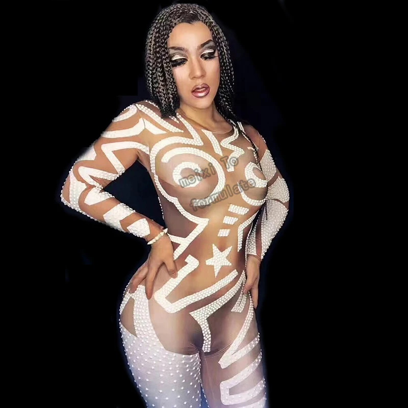 

Bright rhinestone prints of white sexy and elastic abstract patterns for female dancers at concert clubs