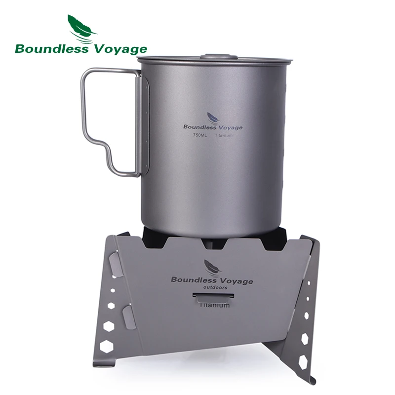 Boundess viaje 750 ml de titanio colgando de la olla con tapa plegable de Camping al aire libre Copa con tenedor Picnic de utensilios de cocina