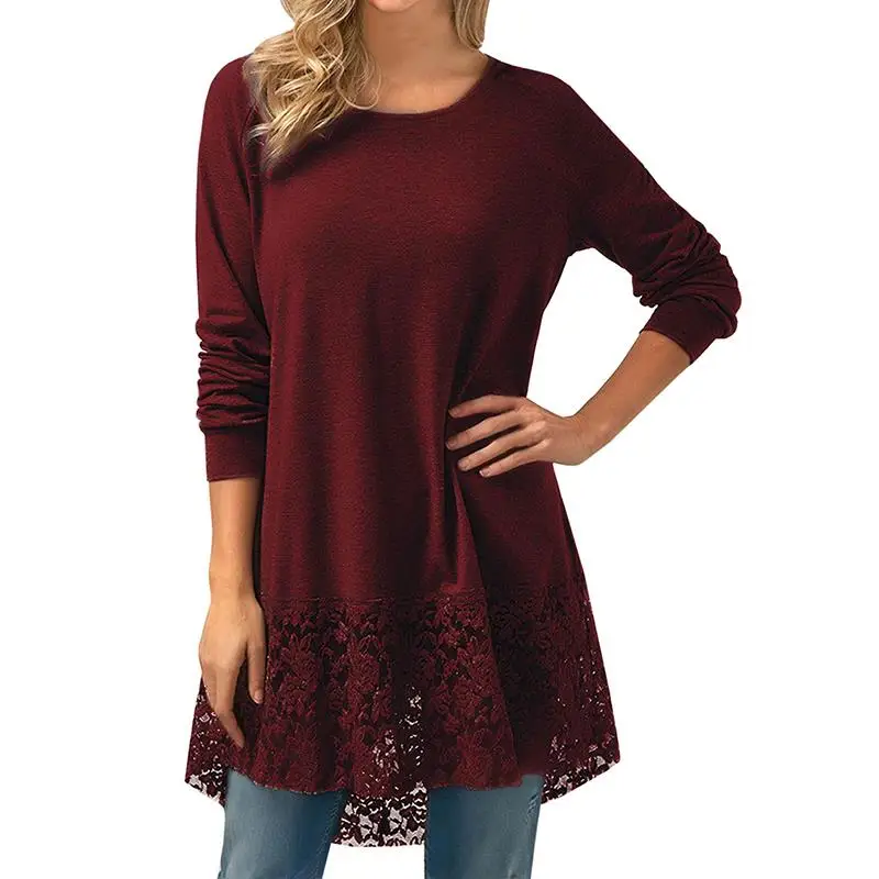 

Women Blouses Casual O-Neck Long Sleeve Top Shirt Lace Patchwork Hoodies Sweatshirts Tunic Blusas WS5390V