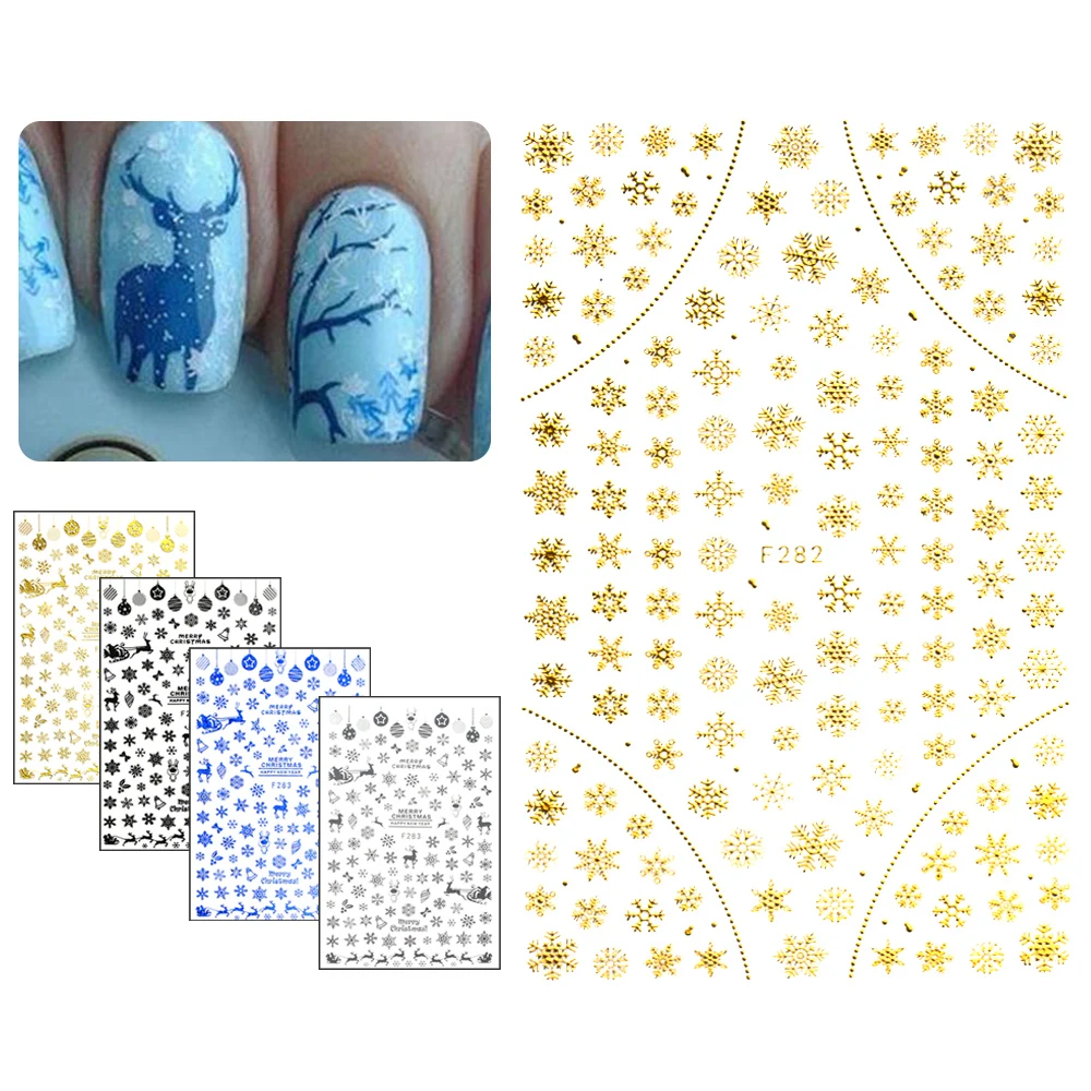 

4 Sheets/Set Snowflakes Christmas 3D Nail Art Sticker Tips Mixed Style Water Transfer Decals DIY X'mas Beauty Manicure Sticker