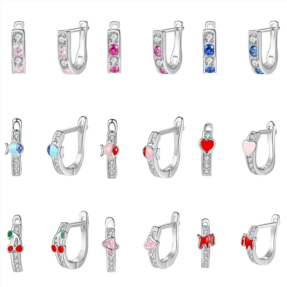 

Authentic 100% 925 Sterling Silver Stud Earrings Pink Crystal Cute Cherry Fish Heart Color Enamel For Kids Silver Jewelry Gift