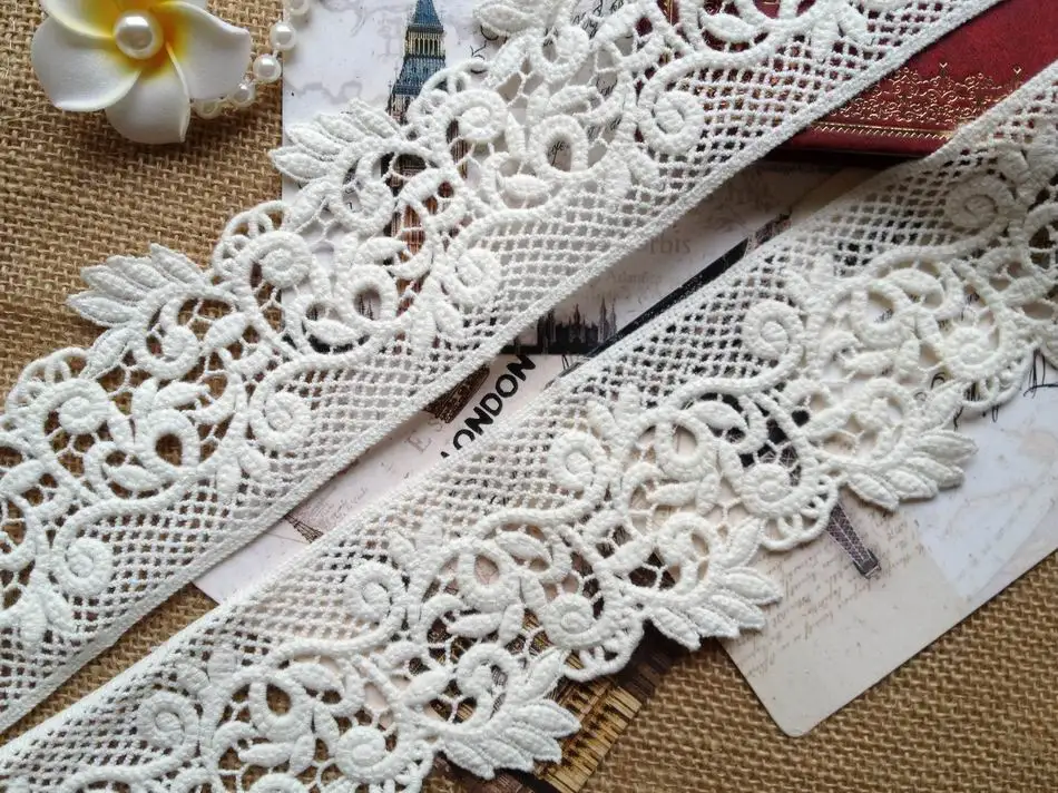 5 Yards 2.6" inch Cotton Lace Trim In White Embroidered Water Soluble
