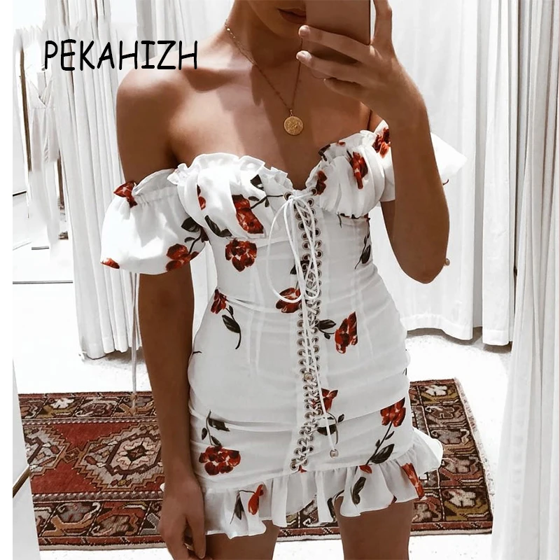 

Sexy Lace Up Off shoulder Dress women vintage boho short sleeve beach mini dress Strapless Floral white ladies Dresses