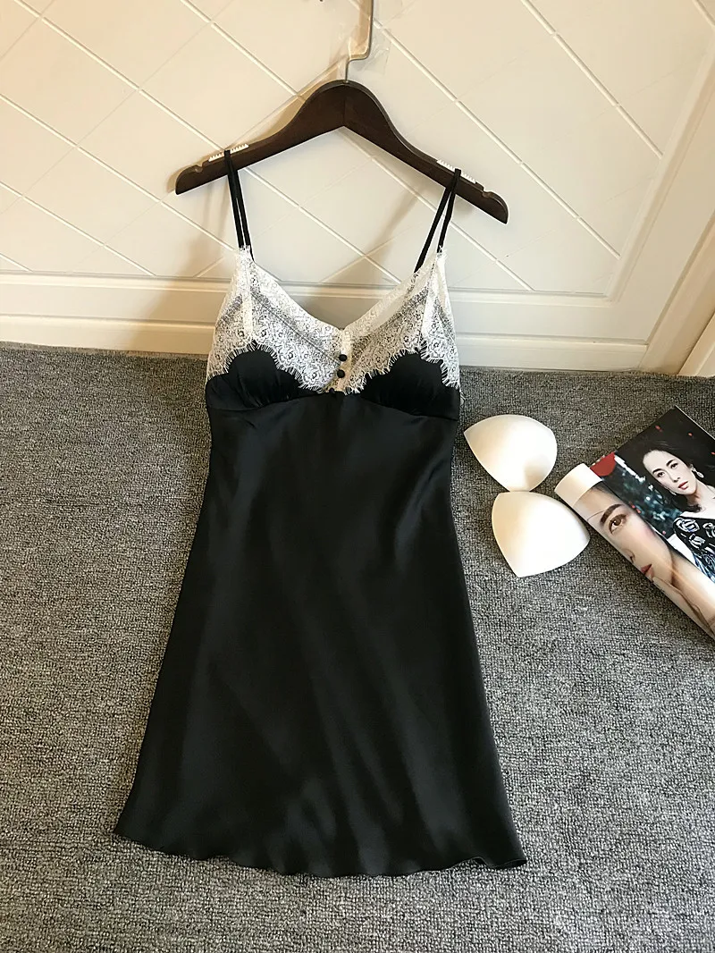 Women's Sleepwear Silk Satin Nightgowns Summer Sexy Lace Sleepshirt Night Dress Night Gown With Chest Pads Nightwear Lingerie   22