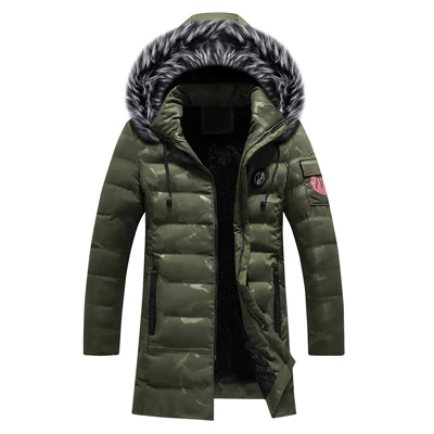 Модные зимние куртки мужские камуфляжные толстые теплые парки мужские меховые куртки с капюшоном длинный Тренч пуховики Hombre - Цвет: Зеленый