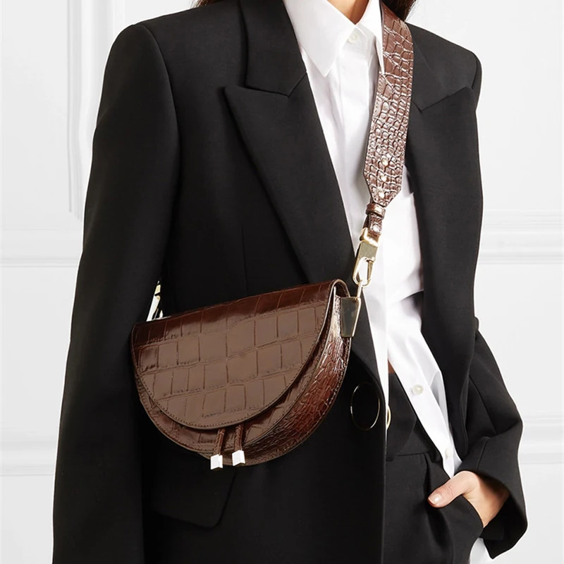 Saddle Bag Animal Print Alligator Leather Bag Round Handbag Women Vintage Half Moon Bags 2019 New Ins Fashion Drop Shipping