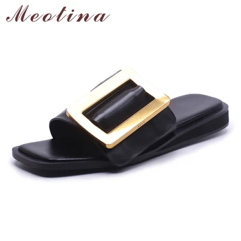 

Meotina Real Leather Slippers Women Shoes Natural Genuine Leather Sandals Buckle Casual Shoes Ladies Summer Red White Size 3 43