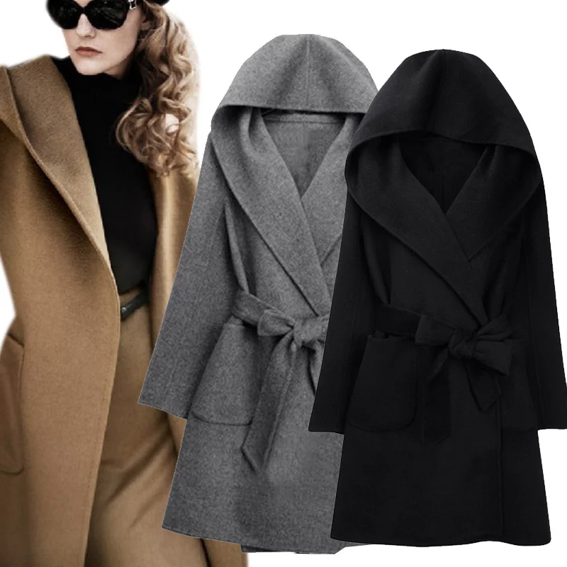 

2016 New Winter Women Wool Coat Long Sleeve Two Sides Wear Belted Loose Warm Woolen Jacket Hooded Outerwear H9