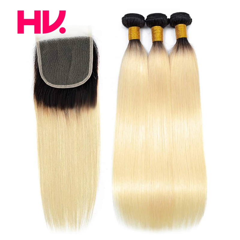 Pre-Colored 3 bundles with closure Straight Wave 1B 613 Non-remy Brazilian human hair |