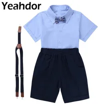 Для свадьбы, вечерние комплекты для мальчиков с цветочным принтом, лето, одежда для маленьких мальчиков, одежда для джентльмена, рубашка с лацканами Топы+ галстук-бабочка+ подтяжки+ шорты