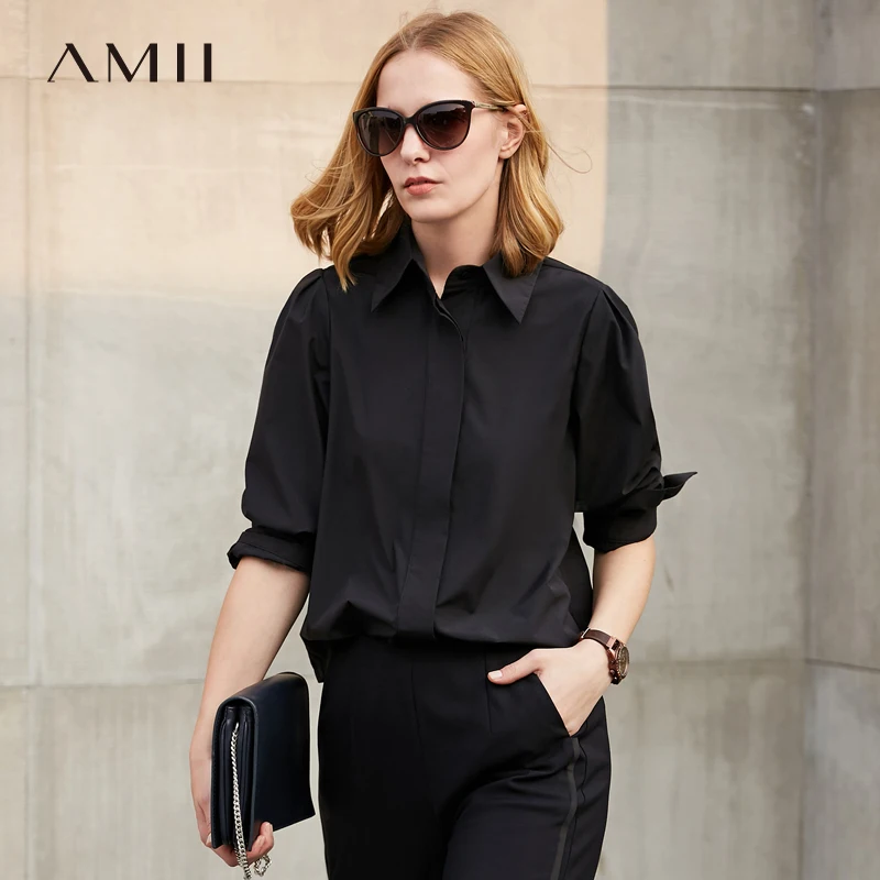 

Amii Minimalist Women 2019 Spring Office Lady Blouse Solid Turn-down Collar Short Female Blouses Shirts