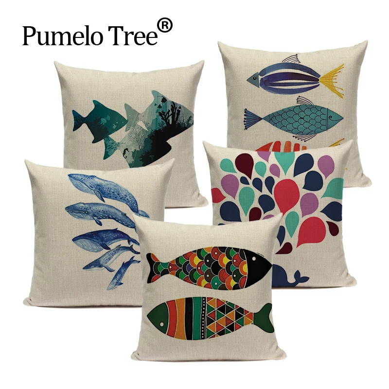 

High Quality Colorful Sea Animal Fish Pattern Linen Cushion Cover Pillowcase Chair Throw Pillow Cover Custom Pillow Case 45 * 45
