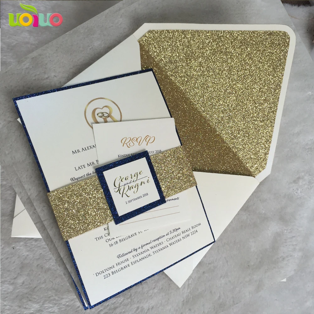 PRE-PRINTED SAMPLE! Elegant Blue Sky Square Invitation Cards with Envelopes White Insert and Silver Glitter DIY Laser Cut kit set with printable template 