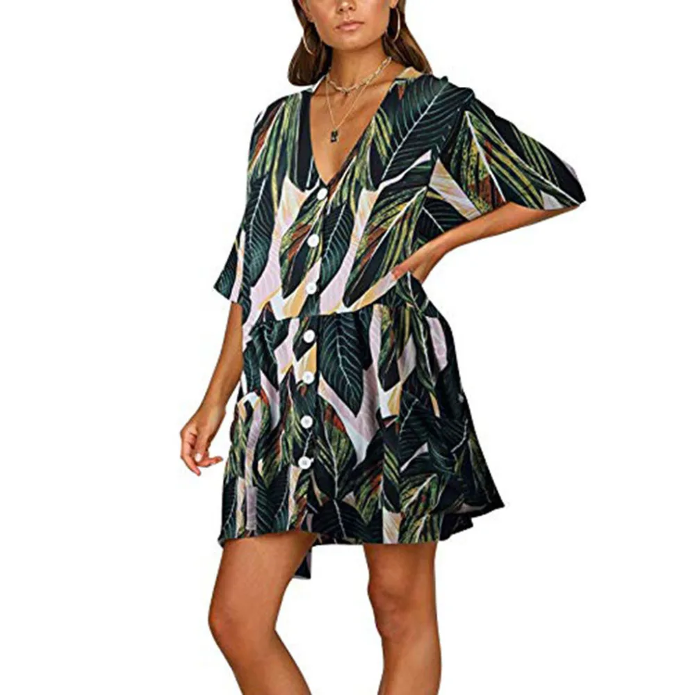 

2019 Women's Fashion Sexy Half Sleeve Button Down V-Neck Pocketed summer dress party dress vestidos sukienki robe femme vestido