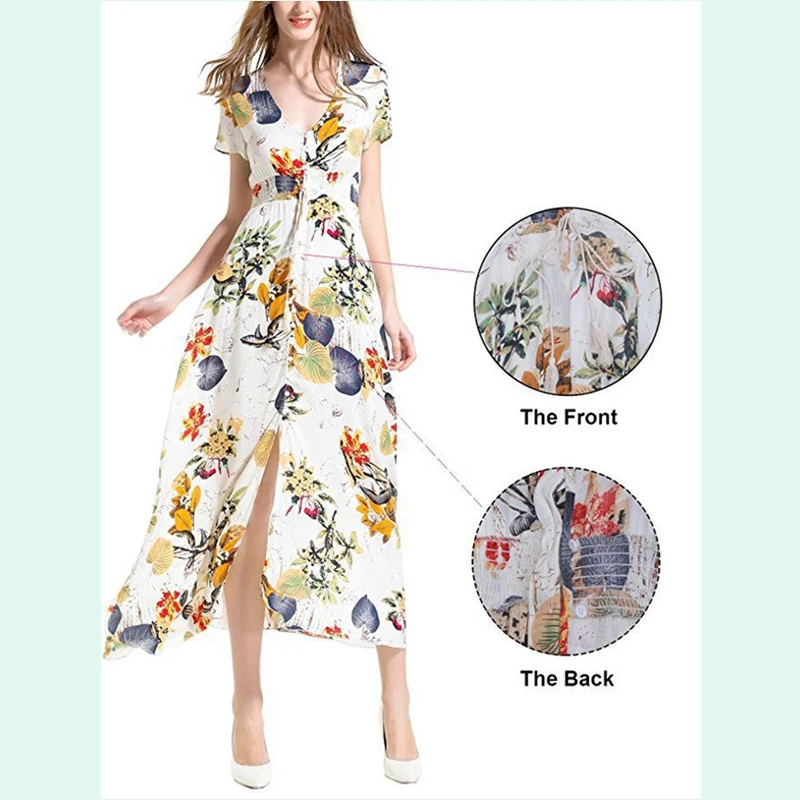 

Bohemia Long Sexy Women Dress Vintage Print Floral Playa Short Sleeve Summer Vacation Beach Belt Tunic Sundress Loose Size