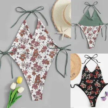 

2019 Sexy New One Piece Swimsuits Swimwear Women Sexy Floral Backless Bandage Padded Beach Halter Suits Beachwear Backless L326