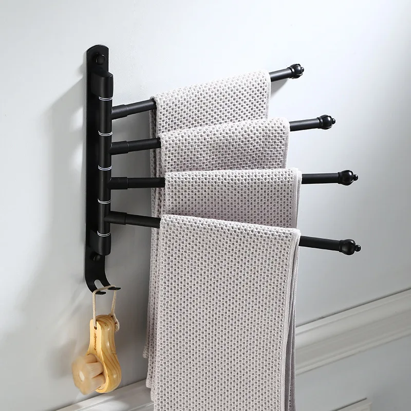 

2-4 Swivel Towel Bars Wall Mounted Aluminum Black Bathroom Towel Rail Rack With Hooks Bathroom Towel Holder Fodable Towel Hanger