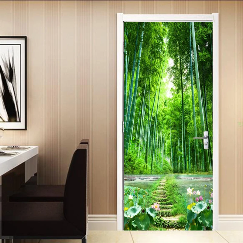 PVC Door Sticker 3D Nature Landscape Bamboo Forest Path Living Room Kitchen Self Adhesive Wall 3D Stickers Home Decor|Door Stickers| -