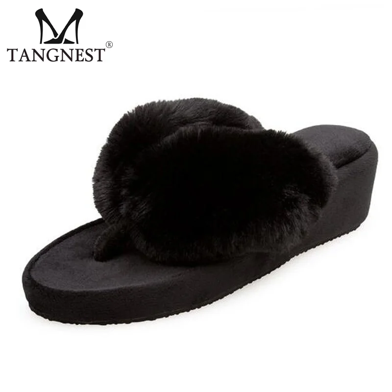 

Tangnest NEW Fur Slippers Women Autumn Casual Wedge Flip Flops Comfortable Bottom Indoor Slippers Women Platform Flats XWT908