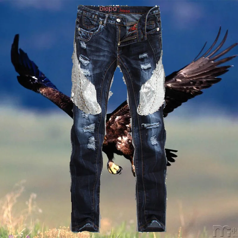 2015 western designer fashion men s jeans cotton high quality casual denim trousers Stripe slim brand