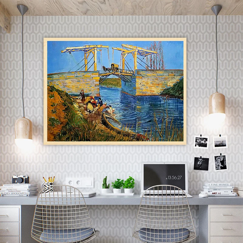 

Van Gogh langlois bridge at arles with women washing diy by numbers art paint decorative landscape adult decompress hand drawing