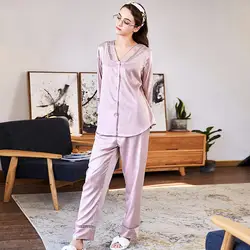Пижамный комплект глубокий v-образным вырезом Pijama Для женщин атласные шелковые как пижамы на лето и весну роскошь Домашняя одежда Пижама